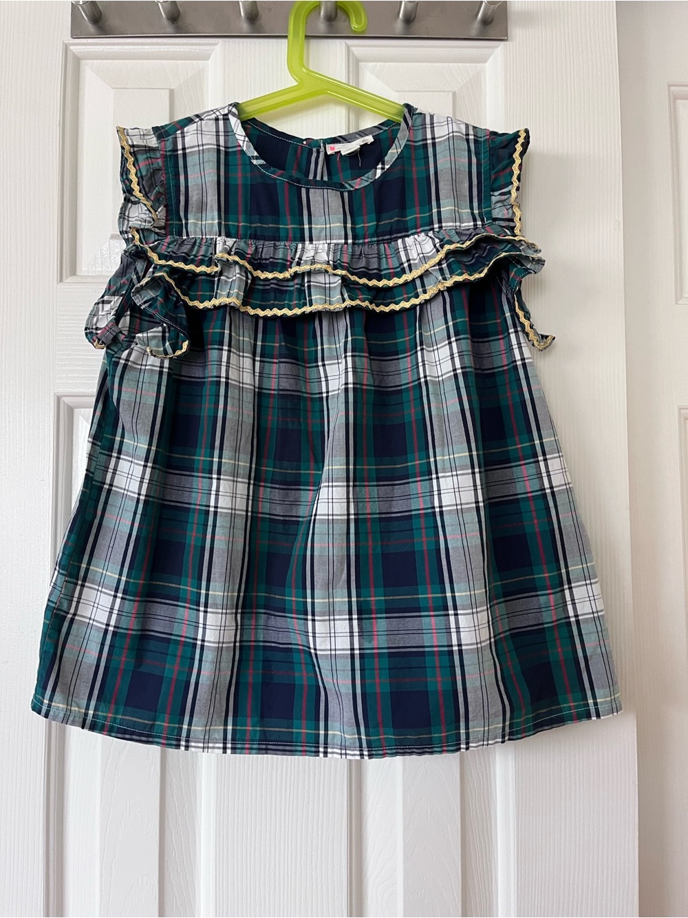 Crewcuts Navy, Green & White Plaid Ruffle top with gold Trim